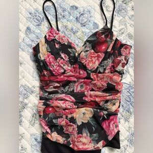 Floral print black bodysuit